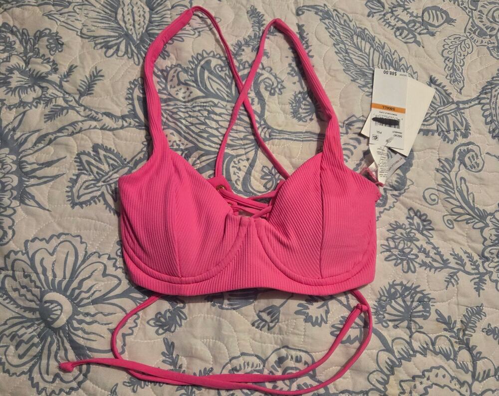 NWT Becca Swim Hot Pink Ribbed Bikini Top Sz Small